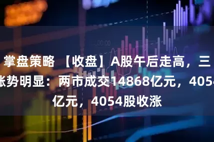 掌盘策略 【收盘】A股午后走高，三大股指涨势明显：两市成交14868亿元，4054股收涨